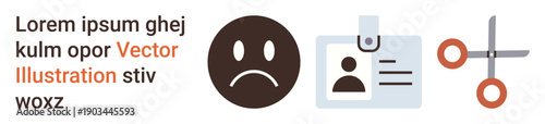 Identity management, employment processes, conceptual setbacks, ID replacements, frustration, personal data. Sad face, ID badge scissors. Identity management and employment processes concept