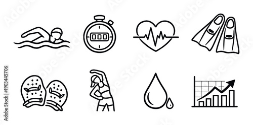 Set of sport and fitness icons: swimming, stopwatch, heartbeat, flippers, boxing gloves, stretching, water, growth chart