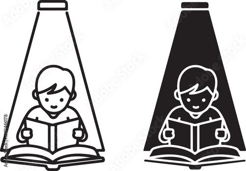Children reading books under spotlights, one happy and one sad. isolated on white background, illustration