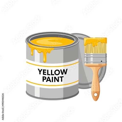 Yellow paint can with brush, home renovation and DIY concept
