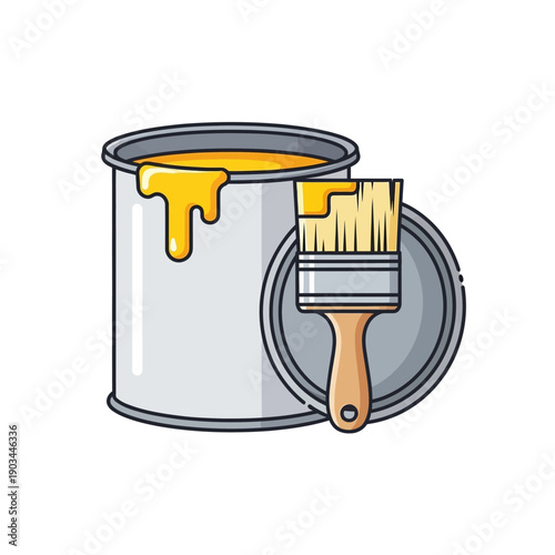 Open Paint Can with Yellow Paint and Brush, Home Renovation Concept