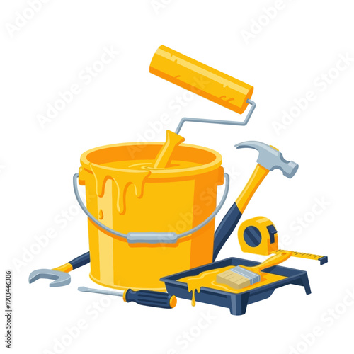 Home Renovation Tools and Yellow Paint Bucket with Roller, Brush, Hammer, Screwdriver, Wrench
