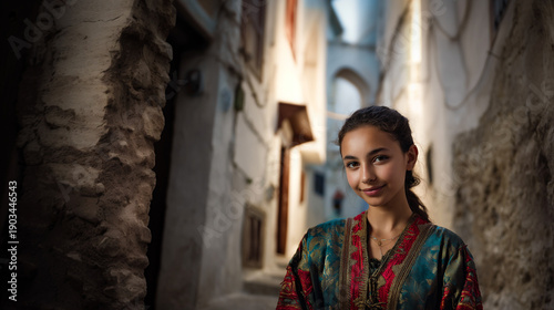 traditional algerian girl in karakou on historic street, young algerian girl wearing chedda in casbah, cultural portrait of a girl in algerian heritage dress