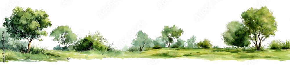Fototapeta premium Watercolor Green Grass set: Panoramic landscape border with spring trees, natural grass clusters & wild foliage. Isolated greenery elements with organic texture on white background.