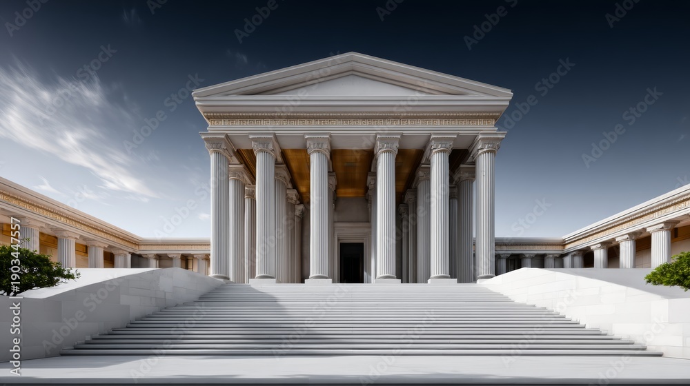 Fototapeta premium Ancient library of Alexandria featuring grand columns and steps, set against a clear sky with minimal clouds, showcasing classical architectural design and historical significance