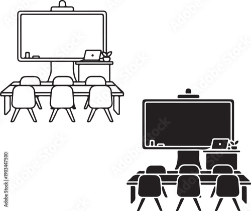 Modern classroom designs featuring minimalist desks and chairs isolated on white background, illustration