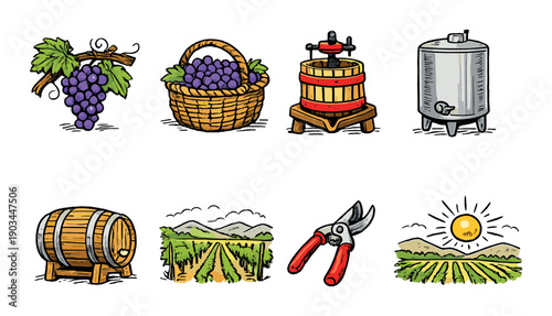 Winemaking elements: grapes, baskets, barrels, vineyard scenery, wine press, shears