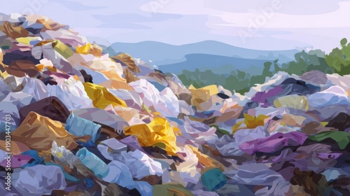 Digital illustration of a pile of garbage. the pile is made up of various colors and shapes, including white, blue, yellow, pink, and purple.