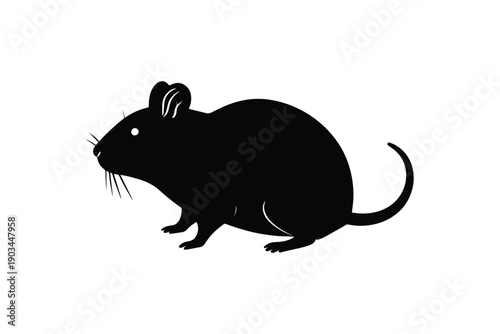 Silhouette of a small black rat with whiskers and tail on white background