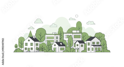 Modern Eco-Friendly Cityscape Illustration with Green Trees and Houses