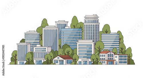 Modern Cityscape with Diverse Buildings and Lush Green Trees