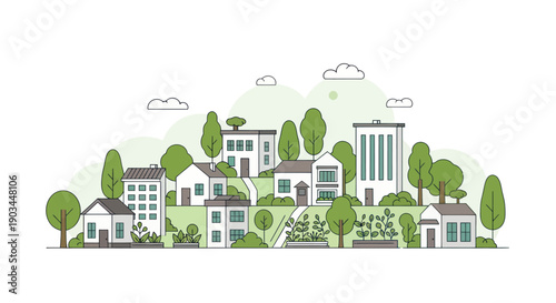 Eco-friendly green cityscape with modern houses and trees, sustainable urban living