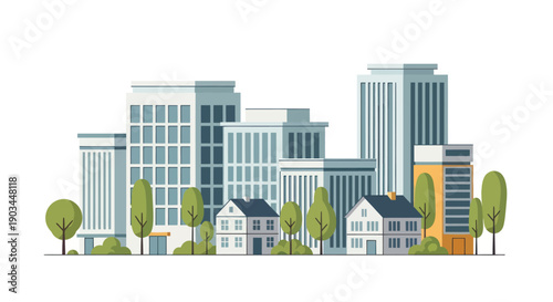 Modern Cityscape with Tall Buildings and Houses, Green Trees on White Background