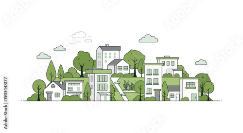 Modern Eco-Friendly Cityscape with Green Architecture and Trees