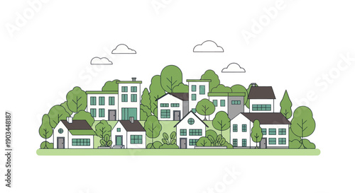 Charming cartoon neighborhood with diverse houses and lush green trees, flat design.