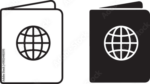 Two passport covers featuring a globe icon isolated on white background, illustration