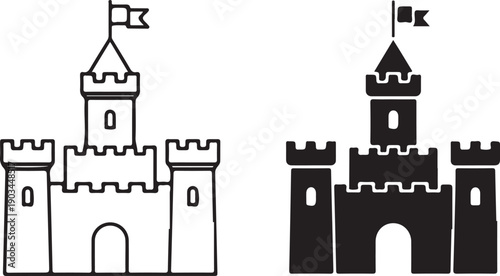 Two medieval castles with flags and battlements in a simple black and white illustration isolated on white background, illustration