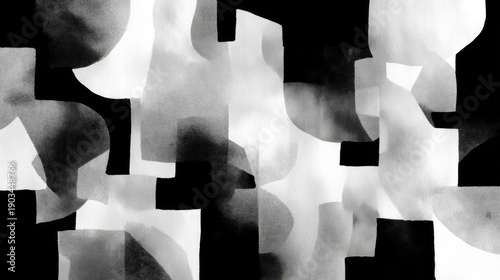 Abstract black and white digital art piece. it appears to be made up of various shapes and lines that create a chaotic and dynamic composition.