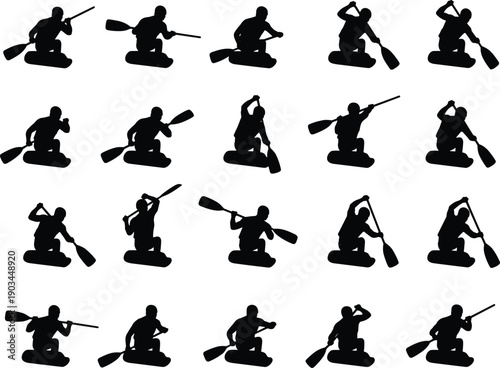 Canoe paddling silhouettes set showing multiple rowing positions isolated on white background, outdoor water sport activity icons for design use