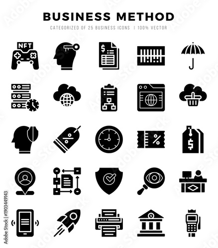Business Method Glyph icons collection. 25 icon set. Vector illustration.