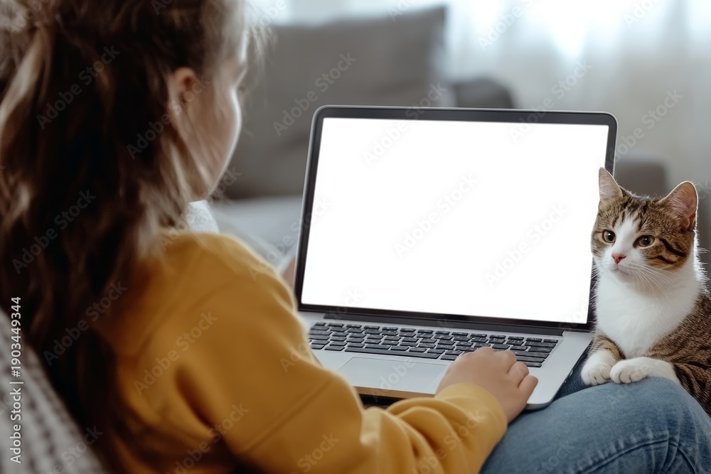 Fototapeta premium Child Using Laptop with Cat at Home and Blank Screen Mockup