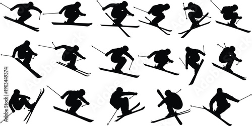Freestyle skiing athlete silhouettes set showing aerial jumps and trick poses isolated on white background, extreme winter sport action icons for design use