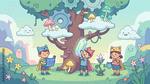 Children in fantasy costumes standing near a magical tree with gears and mushrooms.