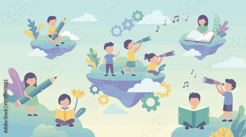 Children exploring and learning on floating islands with books and telescopes.