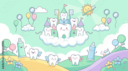 Whimsical cartoon illustration of smiling teeth and a castle in the clouds.