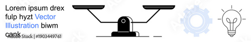 Decision-making, innovation, creativity, balance, problem-solving, brainstorming. A balance scale with a gear and lightbulb symbol. Decision-making and innovation concepts featured prominently