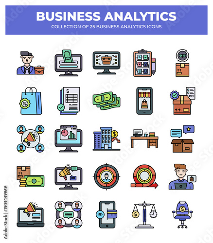 Collection of Business Analytics Icons: Data Analysis. Marketing. Finance. and more