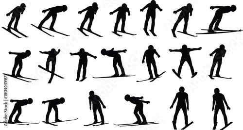 Ski jumper silhouettes set showing multiple downhill skiing and jumping positions isolated on white background, winter sport action icons for design use