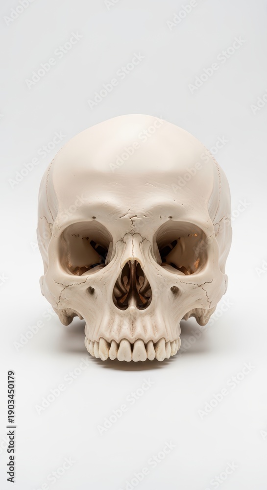 Obraz premium Anatomical human skull model front view on white background for educational and medical study of skeletal structure