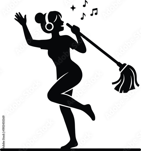  Woman Cleaning and Dancing with Headphones Silhouette Vector