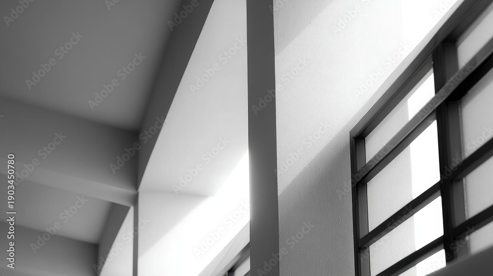 Obraz premium Black and white photograph of a modern building. the photo is taken from a low angle, looking up towards the ceiling. the ceiling is made of concrete and has a triangular shape.