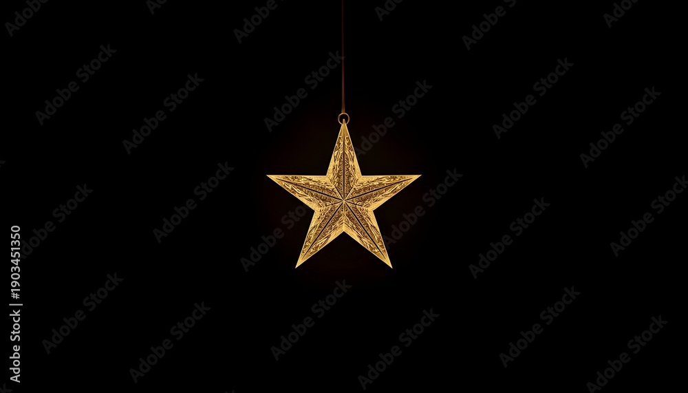 Fototapeta premium A gold star ornament hanging from a red string against a black background