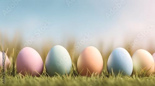 パステルカラーの卵が並ぶ春の草原風景