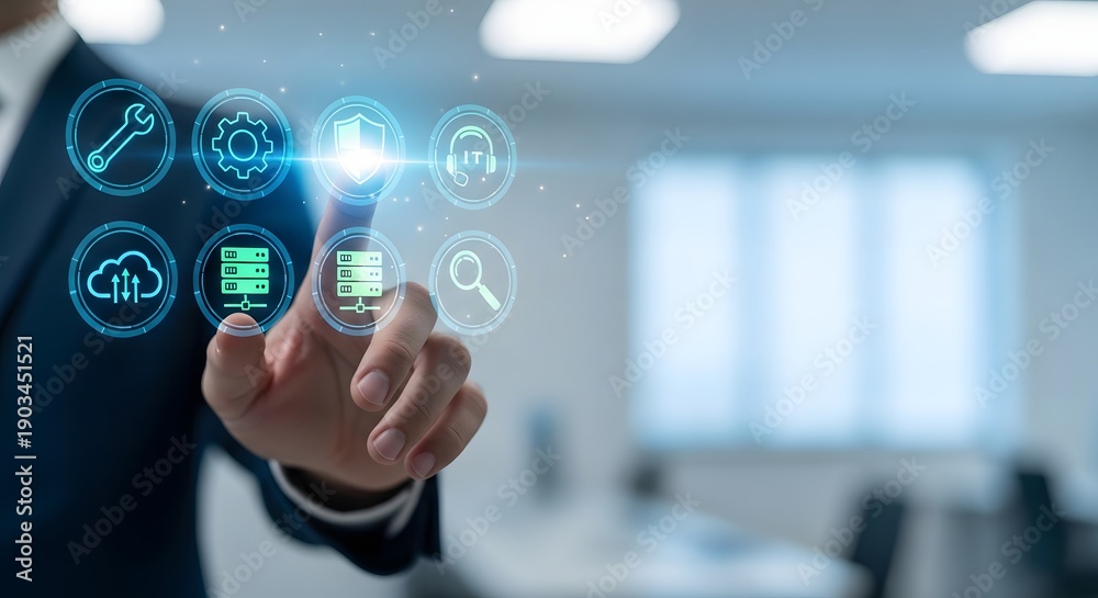Obraz premium IT Services and Cybersecurity Management Concept with Digital Icons