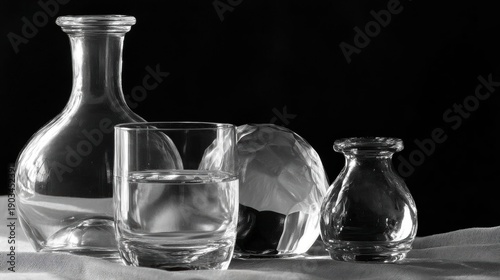 Black and white photograph of three glass objects on a white cloth-covered table.