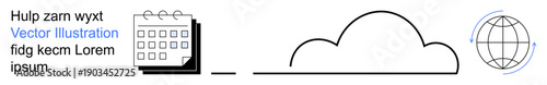 Time management, cloud storage, global communication, worldwide services, scheduling, networking. Iconic s of calendar, cloud and globe. Time management and global communication metaphor
