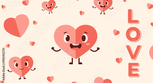 Cute cartoon hearts with happy faces and the word LOVE on a light background, perfect for Valentine's Day celebration.
