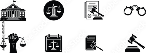Law, legal, compliance and justice icons courthouse scales gavel handcuffs calendar and documents vector symbols