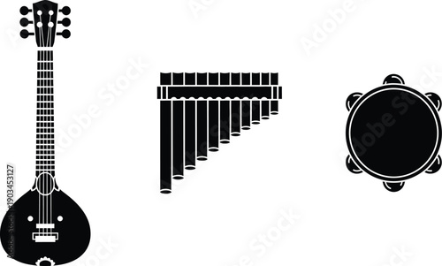 Musical instruments set featuring traditional stringed sitar, wind pan flute pipes and circular percussion tambourine in black silhouette style