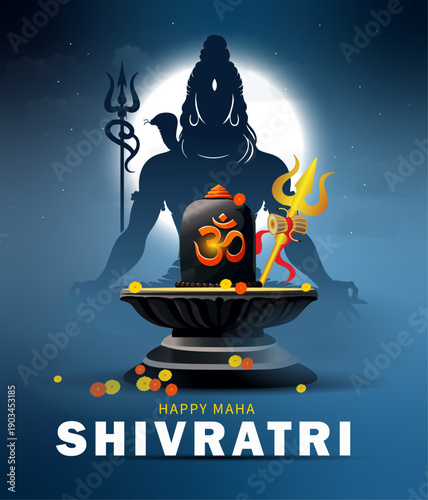 Happy Maha Shivratri Vector Illustration with Lord Shiva Silhouette, Shivling and Om Symbol