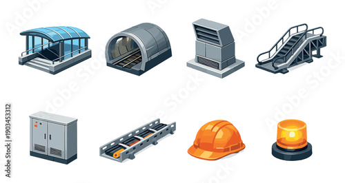 Construction and infrastructure elements: tunnel, escalator, hard hat, and more