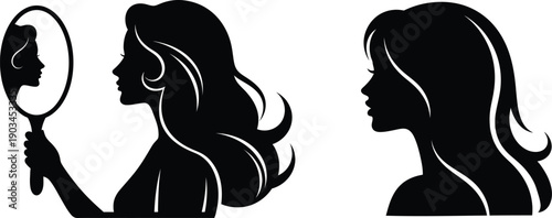 Woman beauty silhouette set featuring a side profile with long wavy hair and another version holding a handheld mirror to view her own reflection in a minimalist black style