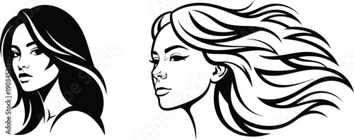 Woman portrait illustrations featuring two elegant female faces with long flowing hair and beautiful features rendered in a high contrast black and white minimalist graphic design