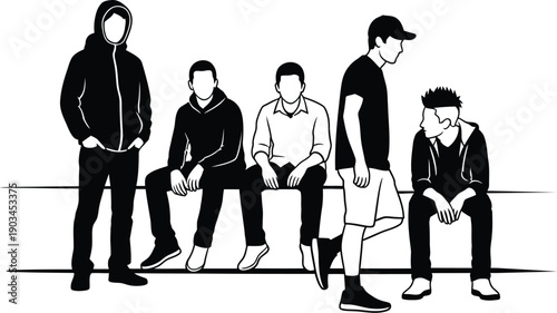 Group of five young men illustrated in black and white silhouette style hanging out together in urban setting with some sitting on low wall and others standing in hoodies and caps