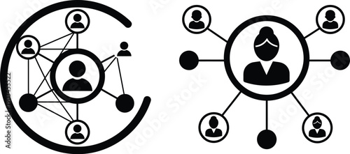Social network icons set featuring central user profiles connected to multiple team members and nodes representing organizational hierarchy and group connections in black silhouette