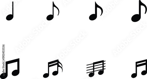 Musical note icons featuring black silhouettes of various notations including quarter notes eighth notes with flags and beamed sixteenth notes on a solid isolated background